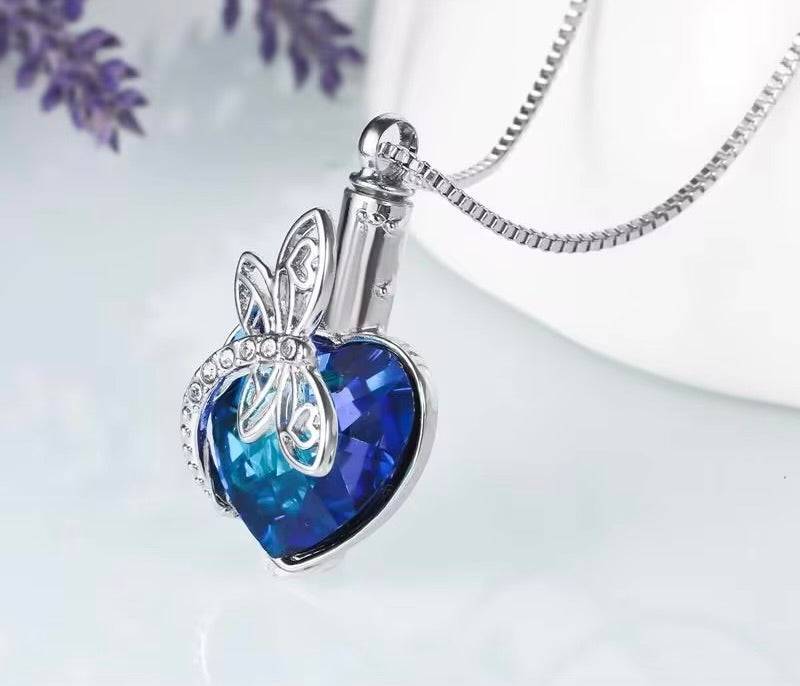 Dragonfly Necklaces Pendant with Blue Crystal Urn Necklace